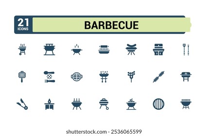 Grill And BBQ icons in filled style. Containing grill, hot, kitchen, bbq, grill bbq, fish and more. Set of solid pictogram. Vector icons editable glyph.