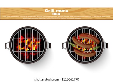 Grill bbq isolated Vector. Realistic hot fire bbq grilled sausages