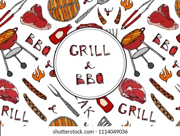 Grill and BBQ Lettering. Seamless Pattern of Summer BBQ Grill Party. Steak, Sausage, Barbeque Grid, Tongs, Fork, Fire, Ketchup. Hand Drawn Vector Illustration. Savoyar Doodle Style.