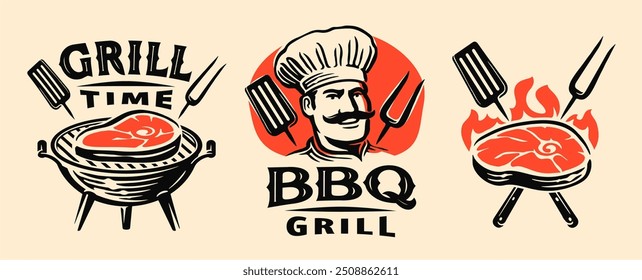 Logo do churrasco. Comida grelhada e churrasco restaurante emblema, conjunto de distintivos. Ilustração vetorial