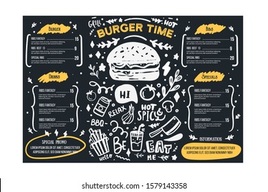 Grill BBq menu template on chalkboard. Cafe poster background, food icon, brochure template