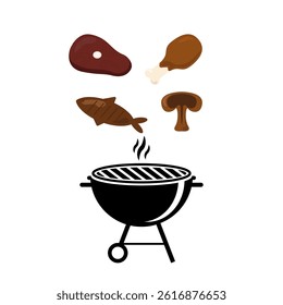Grill BBQ on a fork icon set. Mushroom, chicken, steak and fish vector illustration design isolated