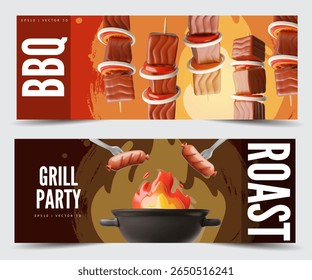 Grill e convite para churrasco. conjunto de design de folhetos vetoriais de desenhos 3D. churrasqueira realista panela de cozinha com fogo. Cozimento de carne assada, bife, salsichas. Evento de piquenique