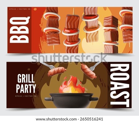 Grill and BBQ party invitation. 3D cartoon vector flyers design set. Realistic barbecue cooking pan with fire. Roast meat cooking, steak, sausages. Picnic event