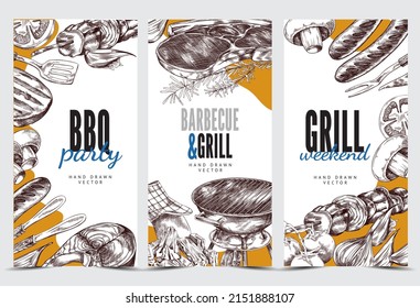 Grill and BBQ party invitation flyer set, hand drawn sketch vector illustration. Posters with grilled meat and fish, cooking tools and equipment.