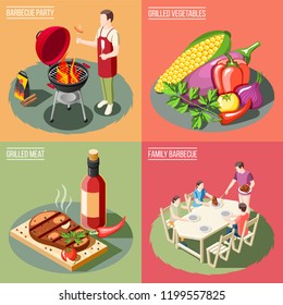 Grill bbq party isometric 2x2 design concept with different serving examples for barbecue food with people vector illustration