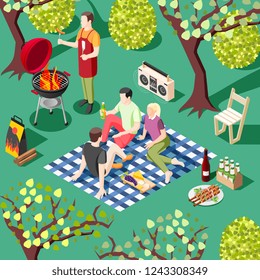 Grill bbq party isometric background with group of young friends having rest in the wild scenery vector illustration