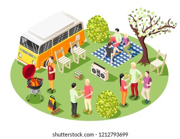 Grill Bbq Party Isometric Composition With Group Of People Having Barbecue Tailgate Party Outdoors Near Minivan Vector Illustration