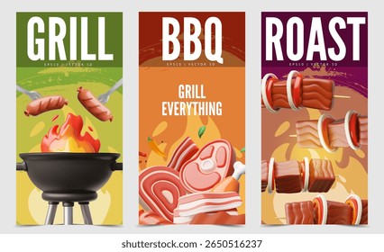 Grill, BBQ, Roast 3D cartoon vector posters design set. Realistic barbecue cooking pan with fire, meat, pork ribs, chicken leg, steak, bacon, sausages. Picnic event, grill party invitation