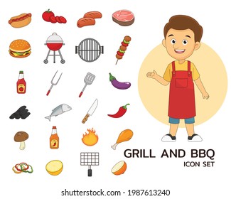 Grill and BBQ set concept flat icons