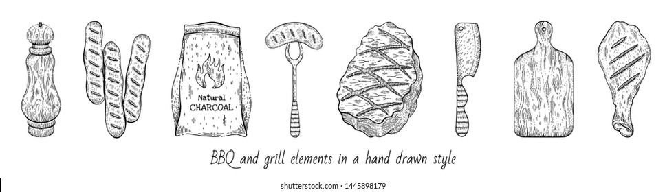 Grill & BBQ set. Steak, sausage, pepper, coal bag, meat knife, cut wood board, roasted chicken leg. Product icon sketch vintage style. Black ink line vector illustration isolated on white background