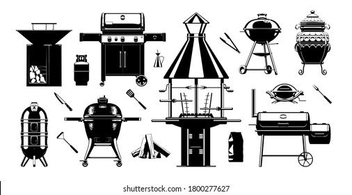 Grill BBQ sihouette set. Barbecue grilling tools. charcoal grills, gas grills & wood fired grills. Vector illustration