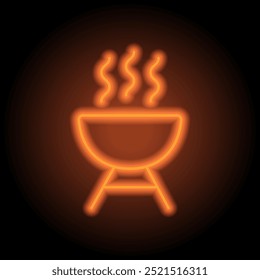 Parrilla, barbacoa simple icono de Vector. Diseño plano. Neón naranja sobre fondo negro.ai