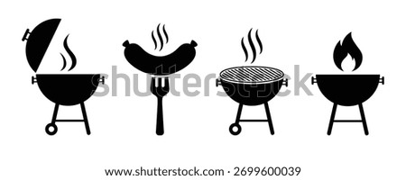 Grill bbq vector icon set. Bbq grill and sausage icon vector. BBQ Grill symbol. Barbecue grill icon