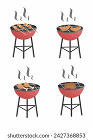 Grill with beef steak, meat stick, sausage on grill, chicken grill, barbecue grill with meat on top