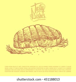 Grill, beefsteak, meat, steak, barbecue, spice, flavoring background retro sketch vector illustration