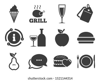 Grill, burger and ice cream signs. Discount offer tag, chat, info icon. Food, drink icons. Chicken, champagne and apple symbols. Classic style signs set. Vector