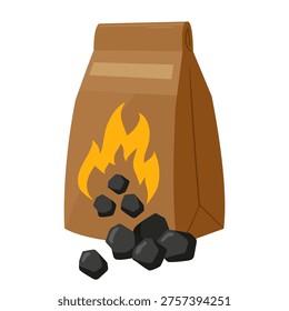 Grill charcoal sack. Cartoon barbecue coal bag, woods travel, camping and hiking grill coals flat vector illustration. Picnic campfire lighter isolated on white