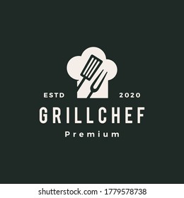 grill chef hat restaurant spatula fork hipster vintage logo vector icon illustration