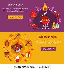 Grill chiken and barbecue party set with variety meal and beverage vector illustration