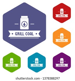 Grill coal icons vector colorful hexahedron set collection isolated on white 