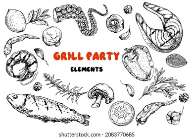 Grill collection. Fish. Food. Black and white hand drawn illustration.Grill spices. Sketch. Engraving style. Isolated on white.Vintage.Bar,desing restaurant menu