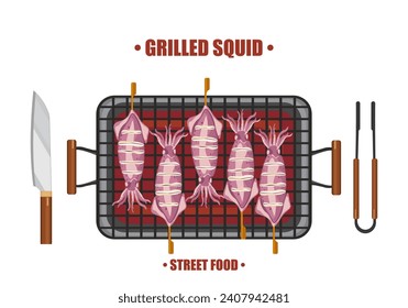 Grill cooking vector illustration Squid grilled on a hot charcoal grill With kitchen utensils. Top view. Isolated on a white background. For elements in designing food menus.