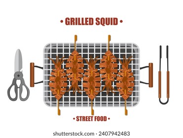 Grill cooking vector illustration Squid grilled on a hot charcoal grill With kitchen utensils. Top view. Isolated on a white background. For elements in designing food menus.