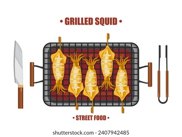 Ilustración vectorial de cocina a la parrilla Squid asado en una parrilla de carbón caliente con utensilios de cocina. Vista superior. Aislado sobre un fondo blanco. Para elementos en el diseño de menús de comida.