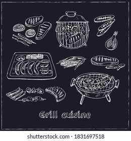 Grill cuisine Menu doodle icons Vector illustration on chalkboard