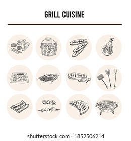 Grill cuisine Menu doodle icons Vector illustration on chalkboard