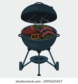 Grill of dark blue color, round in shape, where meat, sausages, asparagus, and sliced pieces of pepper are cooked