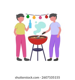 Grill Delicious Food Outdoors Together Flat Vector Illustration