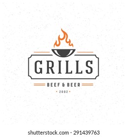 Grill Design Element in Vintage Style for Logotype, Label, Badge and other design. Fire flame retro vector illustration.