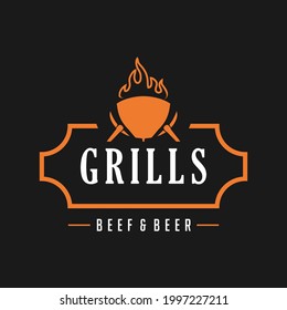 Grill Design in Vintage Style perfect for Logo Restaurant, Label, Badge and other design. Fire flame retro vector illustration.