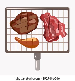 Grill grill and different types of meat on it. Isolated element on a white background