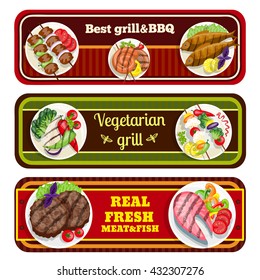 Grill dishes banners barbecue best fresh meat fish vegetarian food vector illustration