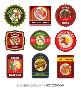 Grill dishes emblems kebab house vegetarian meal fresh seafood meat bbq vector illustration 