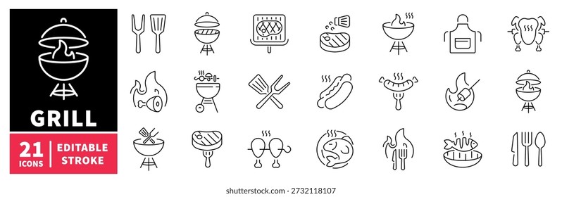 Grill editable line icons set. barbecue and cooking tools style outline