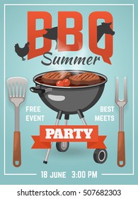 Grill event party poster with barbecue, fork, turner symbols and date text vector illustration