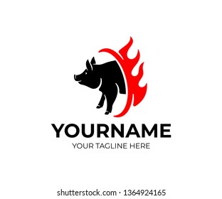 Grill and fast food, pig and fire, logo design. Animal and pet, meat, meal and restaurant, vector design and illustration