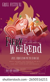 Grill festival 3D cartoon vector poster design. Fiery weekend invitation. Flame, flavor, rock and roll. Realistic BBQ barbecue, roast meat, pork ribs, chicken leg, steak, bacon, sausages. Picnic event