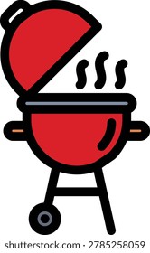 Grill fill icon. Vibrant red kettle grill emitting rising smoke, conveying the essence of outdoor cooking and festive summer gatherings. Perfect for barbecue events, cookouts, backyard celebrations, and delicious food preparation.