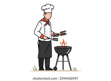 Grill Fire Chef vectors, A grill emblem featuring fire, a spatula, and a fork represents the essence of barbecue. This vintage BBQ badge vector is ideal for restaurant menus, highlighting grilling.