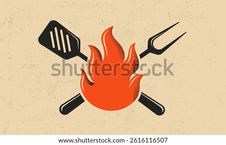Grill fire emblem with crossed spatula and fork behind flame, perfect for barbecue logos, cookout designs, food truck branding or BBQ event.