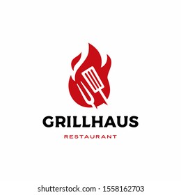 grill fire flame fork spatula logo vector icon illustration