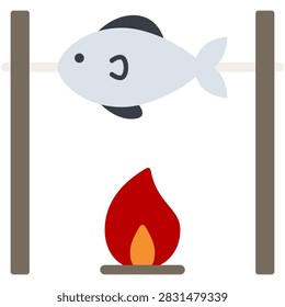 grill fish on fire icon in flat style