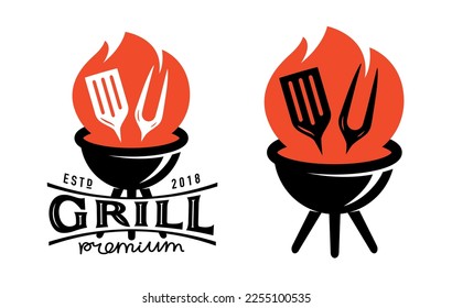 Cocina a la parrilla, logotipo o emblema de la barbacoa. Brazier con fuego y herramientas para asar, símbolo. Diseño del menú del restaurante