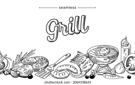 Grill Food Doodle Seamless Pattern. Monochrome Drawing with Meat or Fish Steaks, Sausages, Barbecue Machine, Turner, Vegetables and Herbs, Mustard, Onion for Cooking Bbq. Linear Vector Illustration