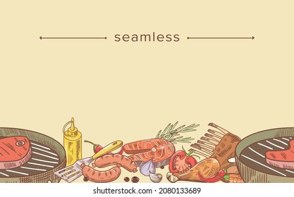 Grill Food Doodle Seamless Pattern. Colorful Drawing with Meat or Fish Steaks, Sausages, Barbecue Machine, Turner, Vegetables and Herbs, Mustard, Onion for Cooking Bbq. Linear Vector Illustration